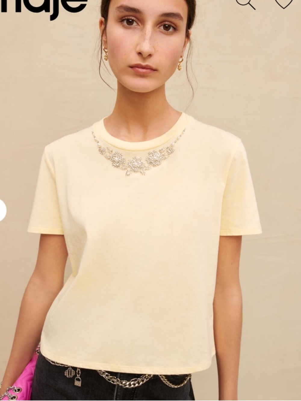 Maje Yellow Cotton T-Shirt with Jewel Collar NWT